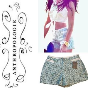 NWT ANTHROPOLOGIE CARTONNIER GREEN‎ AND WHITE LACE SHORTS. SIZE 4